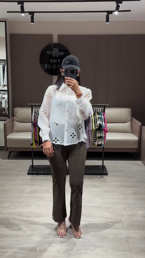 Elegant Sheer White Blouse with Ruffled Sleeves and Button-Down Front - Image 4