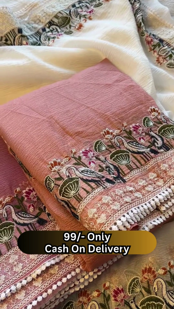 Elegant Off-White Saree with Floral and Bird Embroidered Border - Image 3