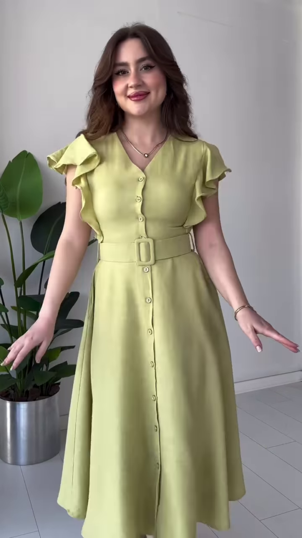 Elegant Light Blue Midi Dress with Ruffle Sleeves, Belt, and Button Front - Image 4