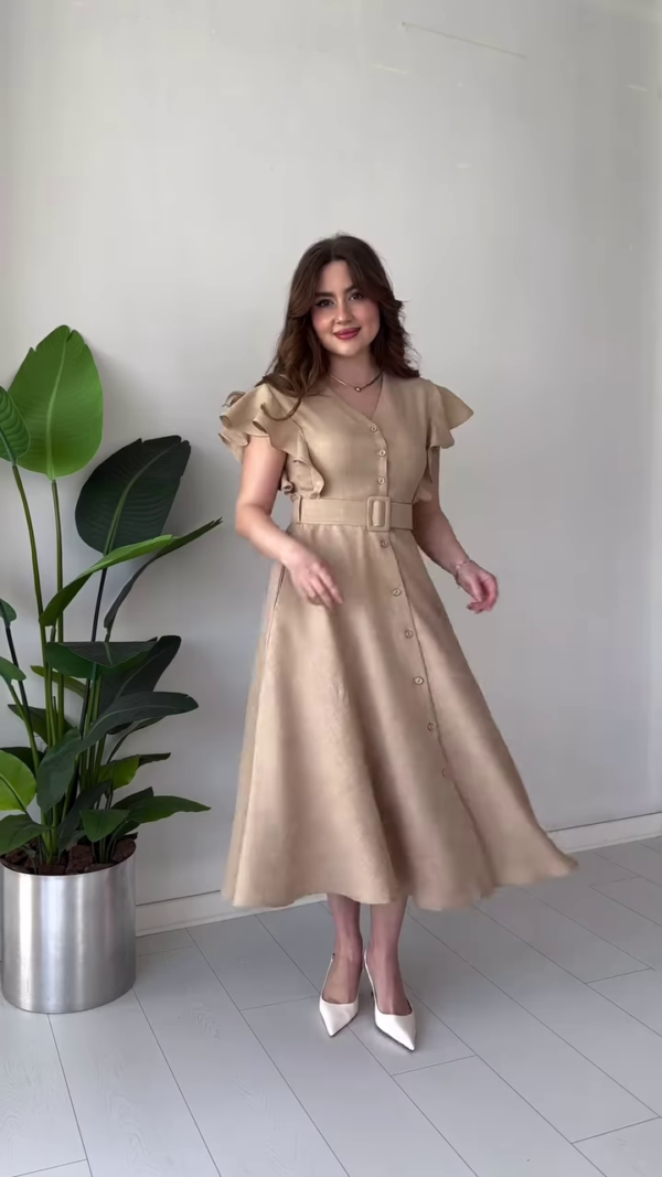 Elegant Light Blue Midi Dress with Ruffle Sleeves, Belt, and Button Front - Image 2