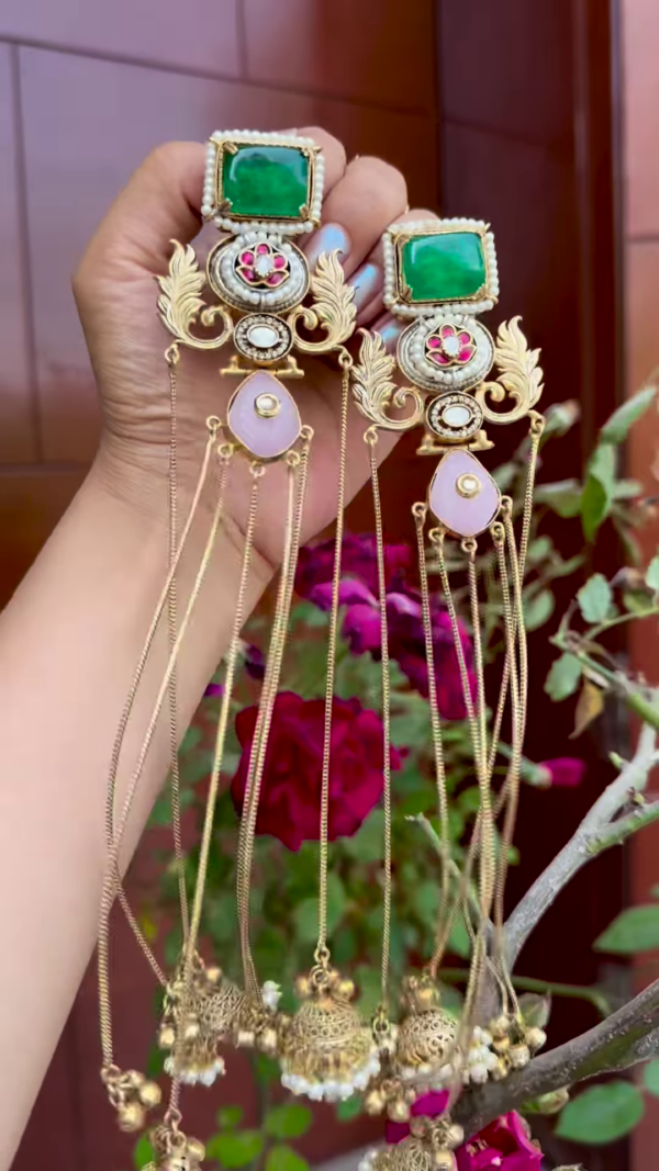 Elaborate Gold-Toned Kashmiri Jhumka Earrings with Gemstones and Chain Dangles - Image 5