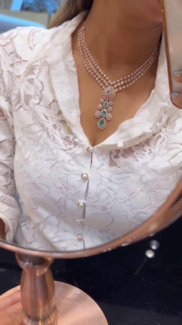 Exquisite Multi-Strand Diamond and Emerald Necklace in Gold Tone - Image 2