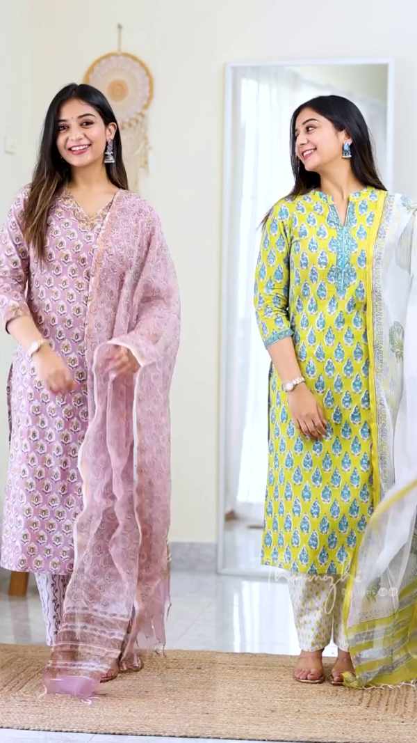 Printed Straight Kurti Set with Contrasting Bottoms and Dupatta - Image 2
