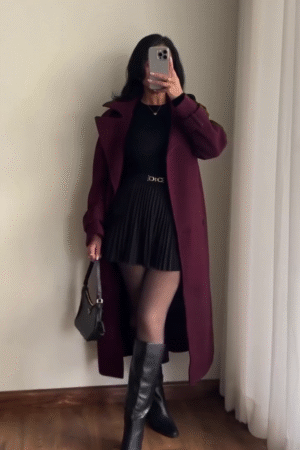 Wine Longline Coat & Black Pleated Skirt Outfit ⚡️🖤