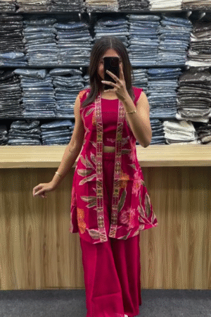 Hot Pink Printed Indo-Fusion Co-Ord Set with Jacket Layer 💗🌺🌿