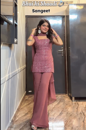 Dusty Rose Sequin Embroidered Peplum Kurti with Stylish Flared Pants & Matching Dupatta – Perfect Sangeet & Festive Indo-Western Set 💖🌸✨