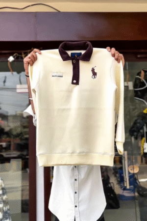 ✨Elegant Cream Premium Men’s Winter Sweatshirt With Stylish Contrast Collar & Full Sleeves✨