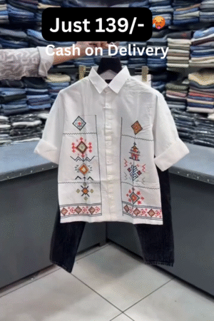 Premium White Half-Sleeve Ethnic Embroidered Geometric Motif Shirt with Dark Denim Straight Fit Jeans Combo Set