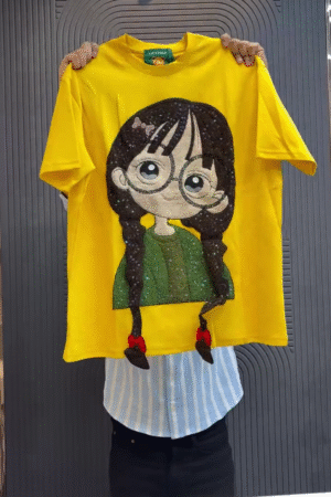 Trendy Yellow Oversized Graphic Cartoon Character Applique T-Shirt with Textured Braided Detail