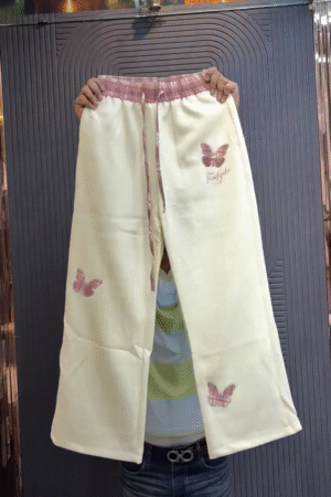 Cream Wide-Leg Relaxed Fit Lounge Pants with Pink Butterfly Print and Elastic Drawstring Waist
