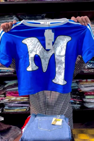 Royal Blue Short Sleeve Graphic Statement T-Shirt with Oversized White Floral Monogram Letter Print 🎨💙✨