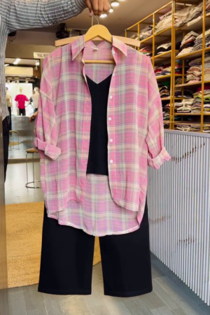 Pink Pastel Plaid Longline Button-Down Shirt with Black Inner Top & Black Straight Wide-Leg Pants Set 💗👔🖤✨