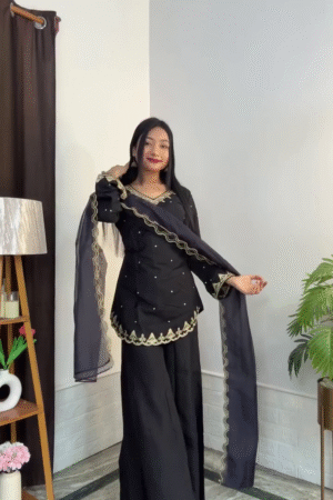 Elegant Black & Gold Embroidered Festive Kurta Palazzo Set with Sheer Border Dupatta β Full Sleeve Ethnic Occasion Wear Ensemble π€β¨π