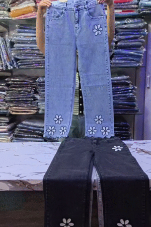 High-Waist Straight Cut Denim Jeans with Minimal Daisy Floral Embroidery & Scalloped Hem Detail – Light Blue & Black Variants 👖🌼✨