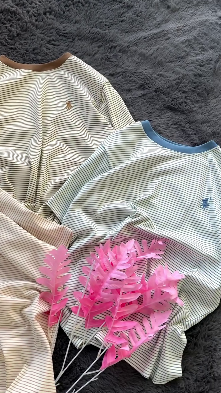 Classic Slim Fit Horizontal Micro-Stripe Cotton T-Shirts with Contrast Ribbed Neckline & Minimal Horse Embroidery Detail ππ€π€β¨ - Image 2