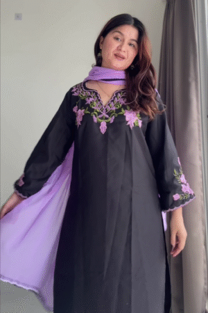 Midnight Black Straight-Cut Embroidered Kurta Set with Lavender Floral Threadwork, Scalloped Bell Sleeves & Soft Chiffon Dupatta 🌙🖤💜