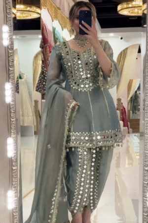 Mirror Work Embroidered Short Kurta With Straight Cut Pants