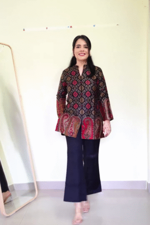 Black Base Ethnic Diamond and Paisley Printed Longline Kurti with Mandarin Collar and Full Sleeves Paired with Solid Navy Blue Flared Palazzo Pants
