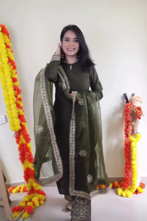 Deep Olive Green Traditional Embroidered Straight-Cut Kurta Set with Sheer Organza Dupatta & Detailed Ethnic Palazzo – Festive & Wedding Special Ensemble 💚✨