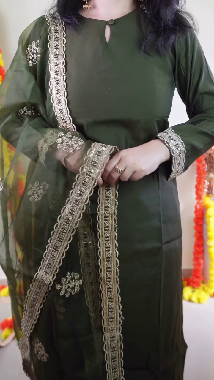 Deep Olive Green Traditional Embroidered Straight-Cut Kurta Set with Sheer Organza Dupatta & Detailed Ethnic Palazzo β Festive & Wedding Special Ensemble πβ¨ - Image 2