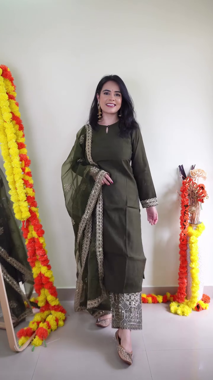 Deep Olive Green Traditional Embroidered Straight-Cut Kurta Set with Sheer Organza Dupatta & Detailed Ethnic Palazzo β Festive & Wedding Special Ensemble πβ¨ - Image 3