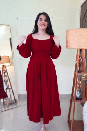 Classic Deep Red Square-Neck A-Line Midi Dress with Fitted Bodice, Flowy Skirt & Full-Length Sleeves – Elegant Evening & Special Occasion Wear