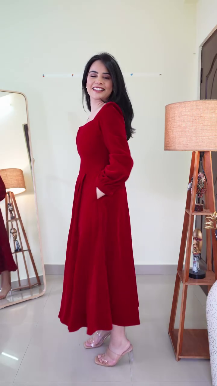 Classic Deep Red Square-Neck A-Line Midi Dress with Fitted Bodice, Flowy Skirt & Full-Length Sleeves – Elegant Evening & Special Occasion Wear - Image 5
