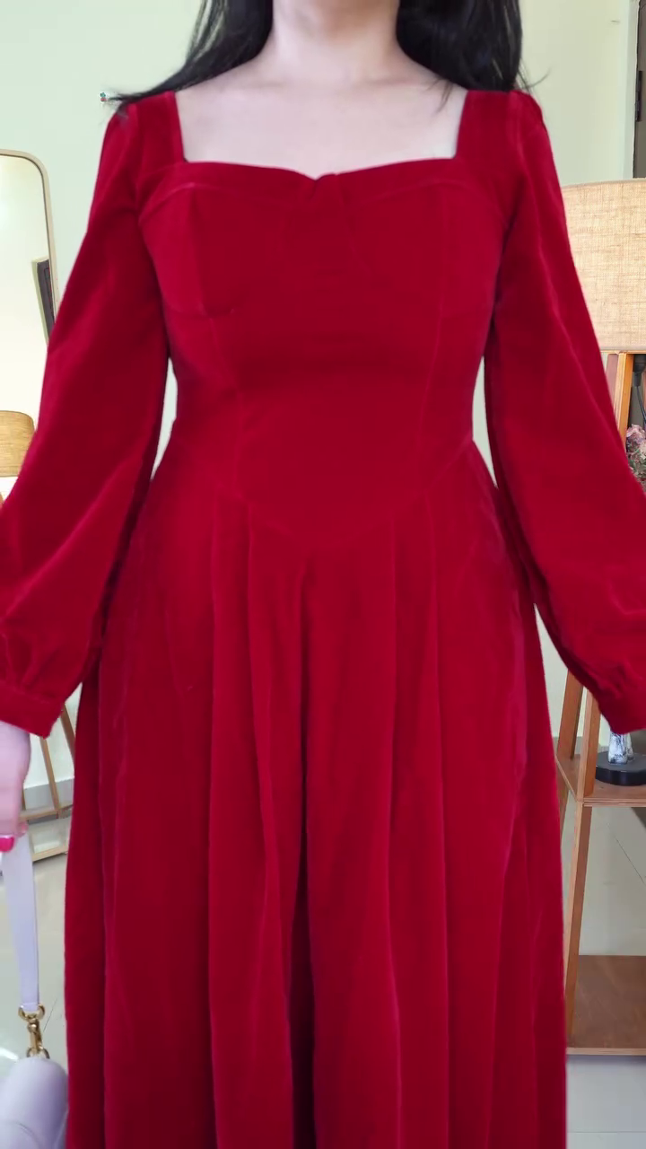 Classic Deep Red Square-Neck A-Line Midi Dress with Fitted Bodice, Flowy Skirt & Full-Length Sleeves – Elegant Evening & Special Occasion Wear - Image 3
