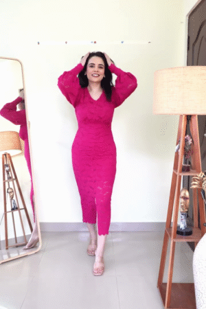 Hot Pink Floral Lace Bodycon Midi Dress with V-Neckline, Ruched Waist Detailing & Sheer Balloon Sleeves – Romantic Party & Evening Statement Outfit