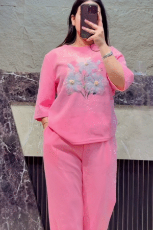 Two-Piece Set with Floral Embroidery Top and Relaxed Fit Pants