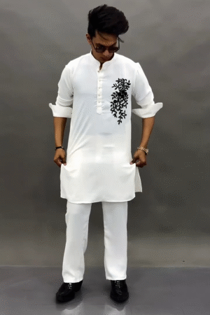 Traditional Kurta with Black Floral Embroidery & Matching Straight Pant Set