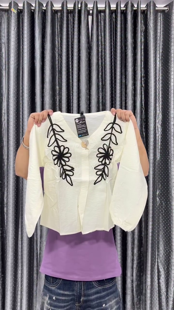 Crop Top with Black Floral Thread Embroidery