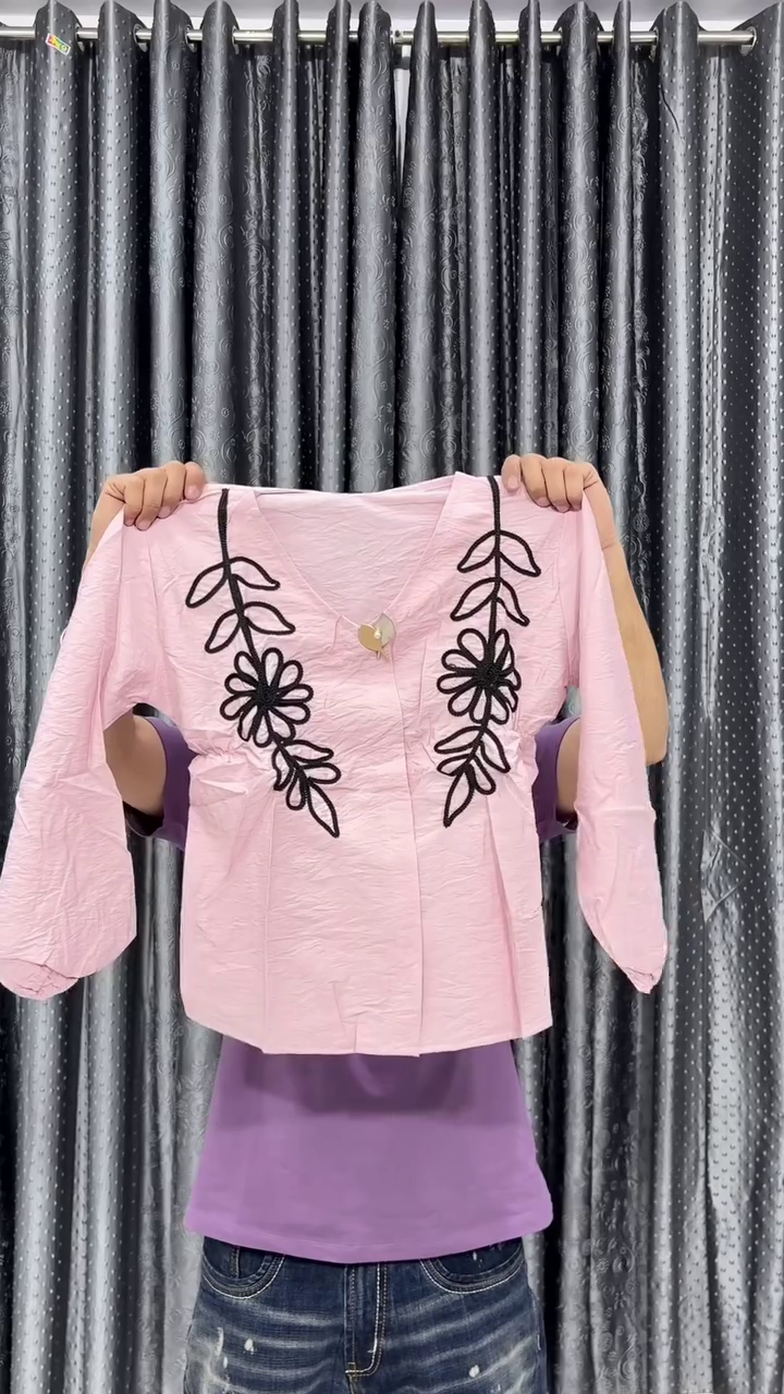 Crop Top with Black Floral Thread Embroidery - Image 2