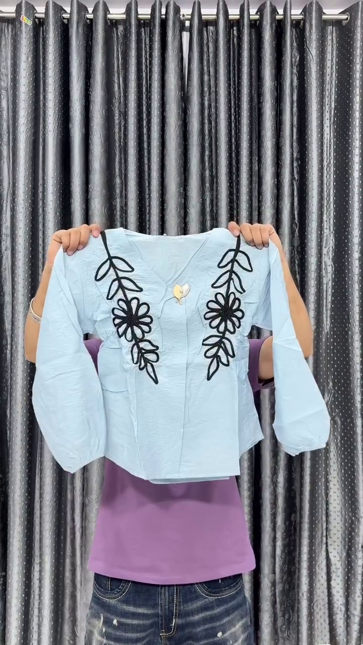 Crop Top with Black Floral Thread Embroidery - Image 3