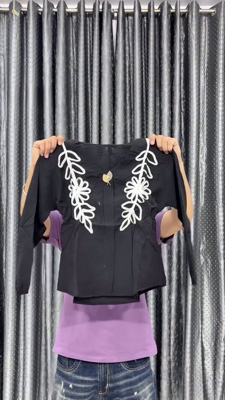 Crop Top with Black Floral Thread Embroidery - Image 4