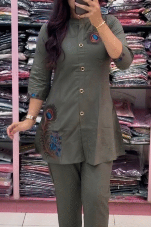 Olive Peacock Print Kurti Pant Co-Ord Set